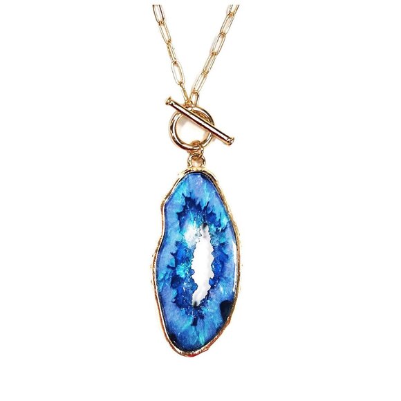 Tigerstars Lustrous Teal Blue Agate Gemstone Pendant Chain Link Necklace - Picture 1 of 3